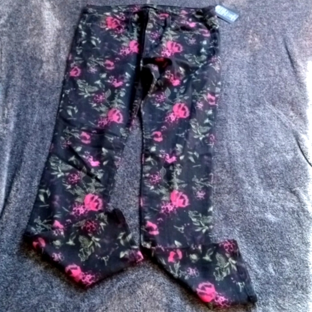 Women's Black Skinny Jeans with Pink Floral Print